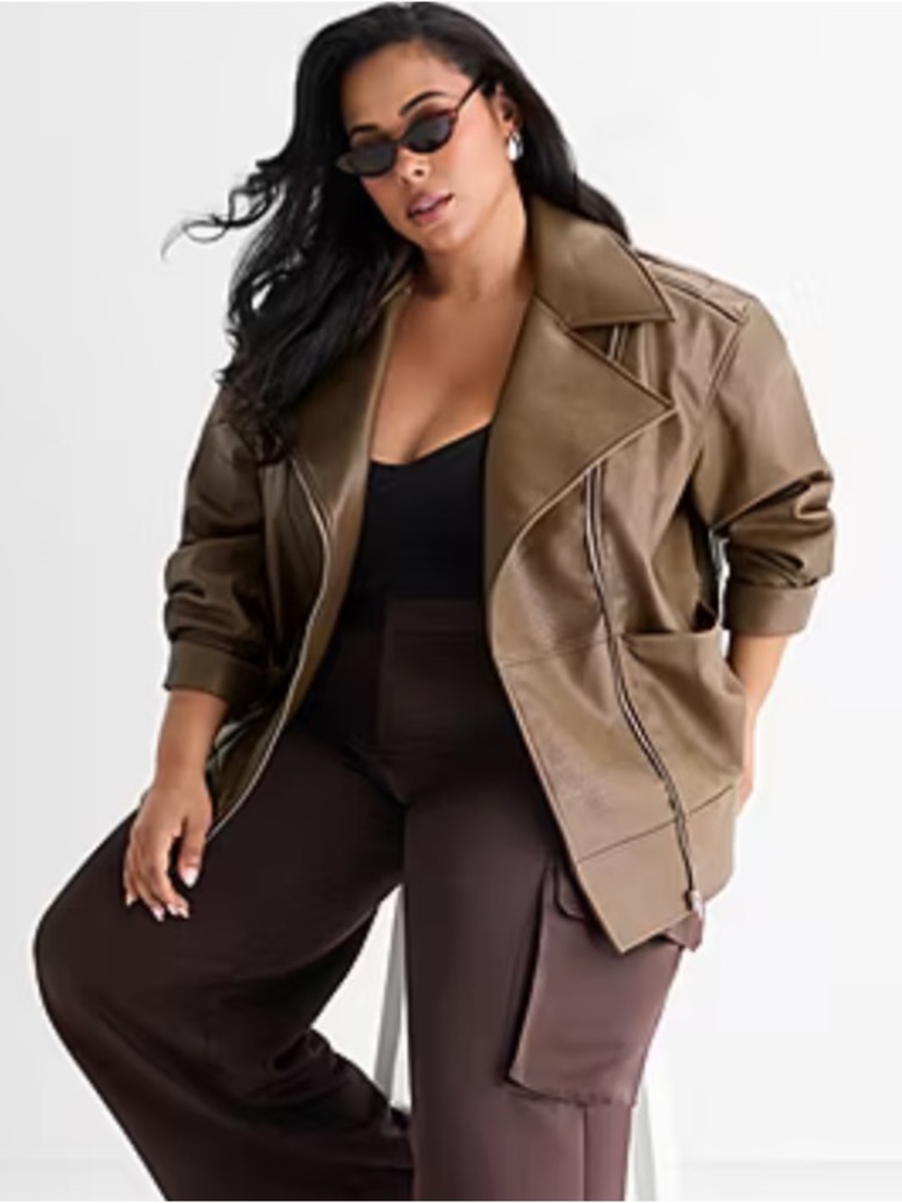 Ashley Graham Women 4X Light Brown Faux Leather Midweight Motorcycle Jacket NWT - Picture 3 of 15